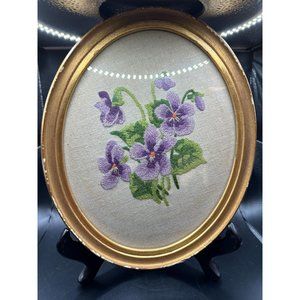Vintage Oval Shaped Needlepoint Embroidery Bunch Purple Pansies Gold Wood Frame